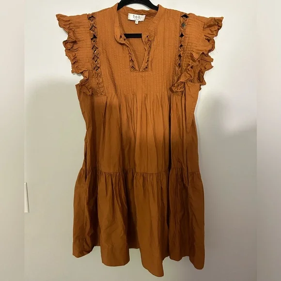 Sea New York Phoebe Ruffled Sleeve Poplin Mini Dress in Rust - Picture 2 of 8